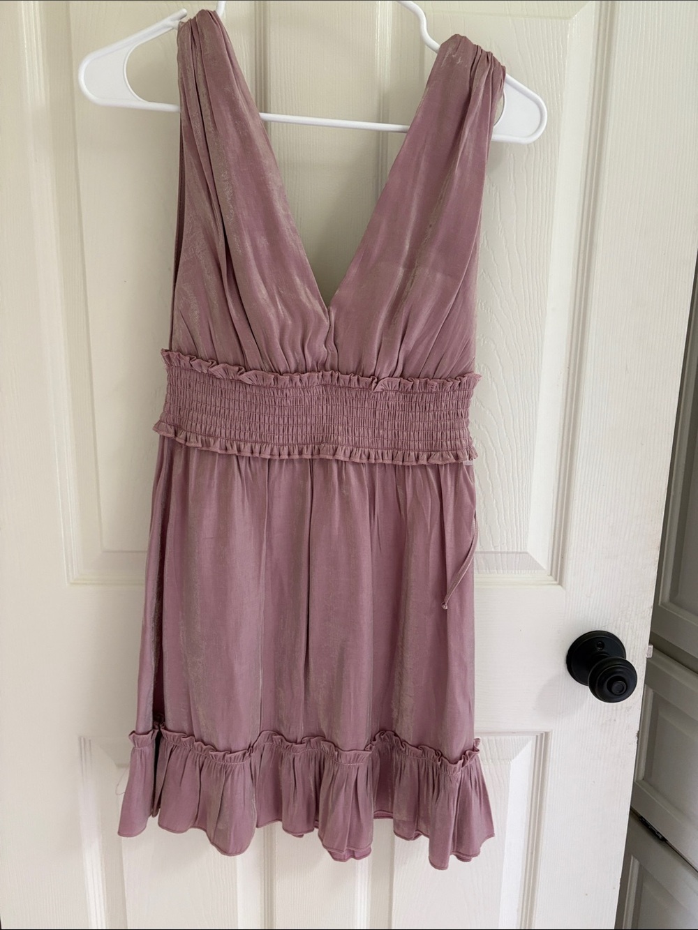 Sleeveless V-Neck Smocked Waist Mini Dress in Mauve